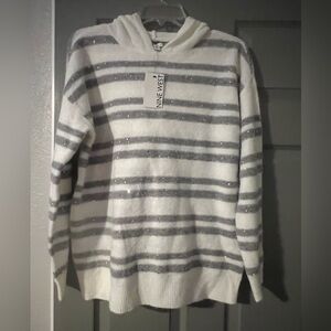 Nine West White and Gray Striped Hoodie Sweater
